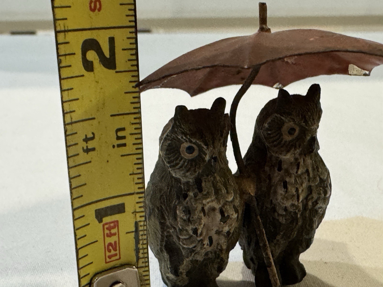 Antique Austrian Bronze Pair of Owls with Red Umbrella- Hand Painted 2in