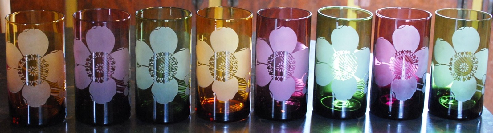 Vtg Set 8 PIER 1 Tumbler Glasses ETCHED FLOWER Hand Blown 6" Multicolor 20 Ounce