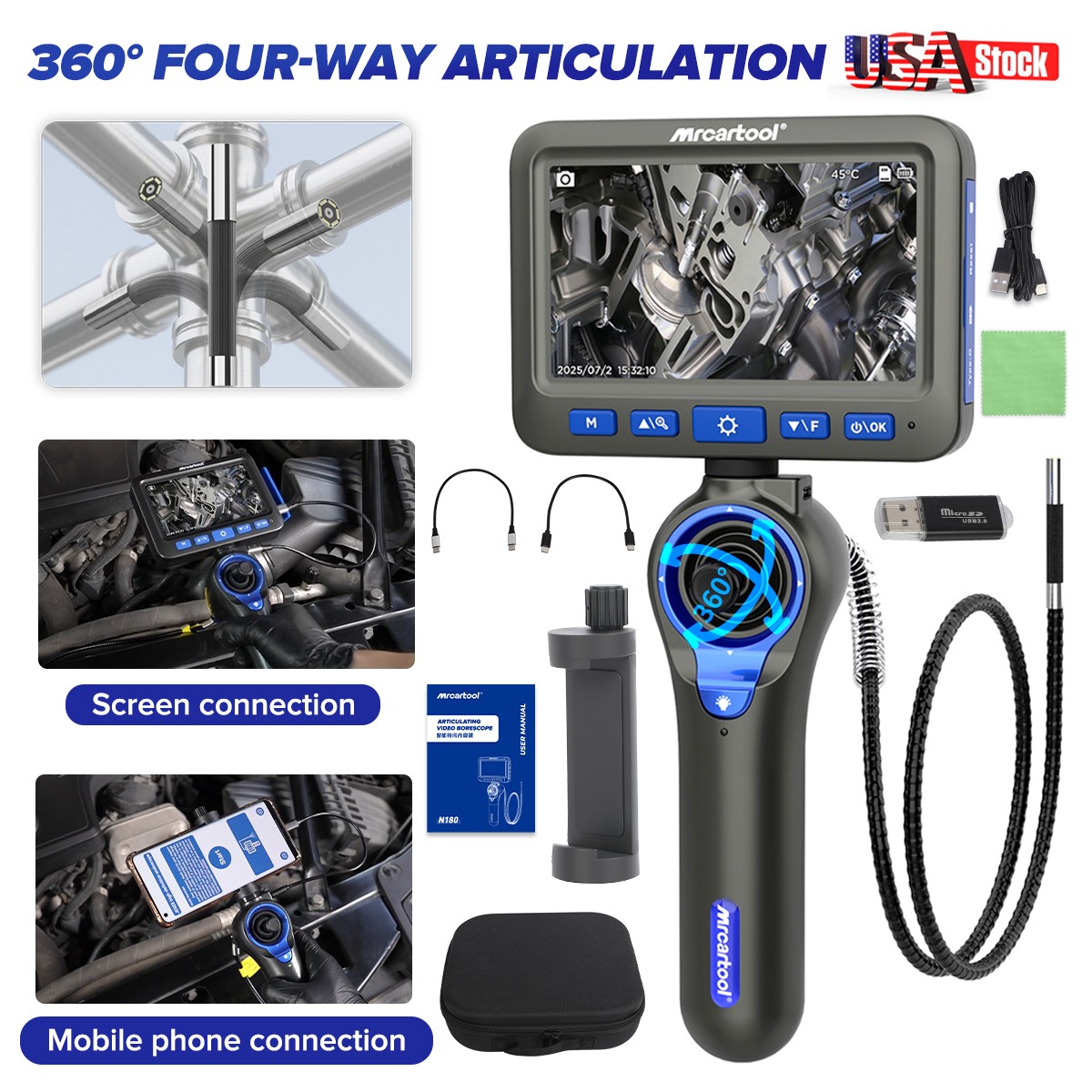 4 Way 360° Articulating Borescope Industrial Endoscope Camera Detachable Screen