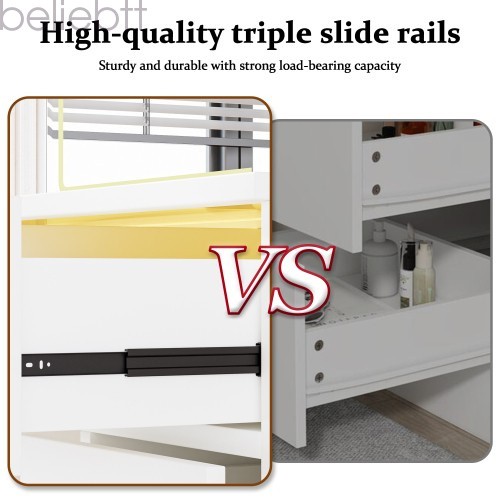 46"Glass Top Vanity Desk 10 Drawers Makeup Vanity Power Outlet, Silent Slides