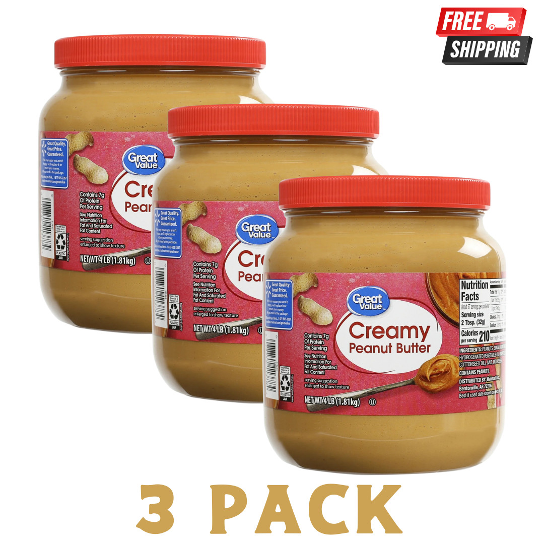 Great Value Creamy Peanut Butter, Spread, 64 oz Jar (3 Pack)