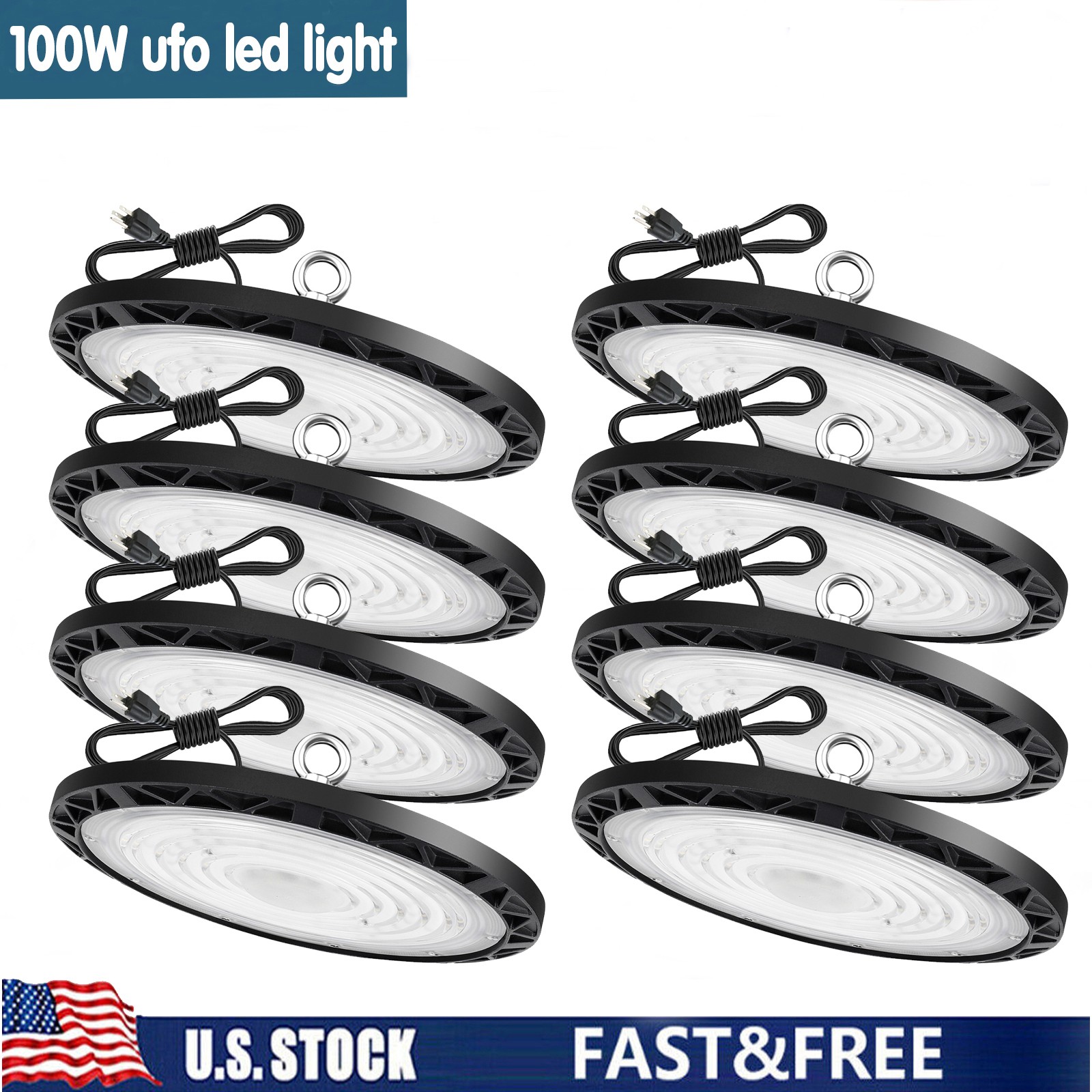 8 Pack Led UFO High Bay Light 100W Warehouse Factory Commercial Industrial Shop