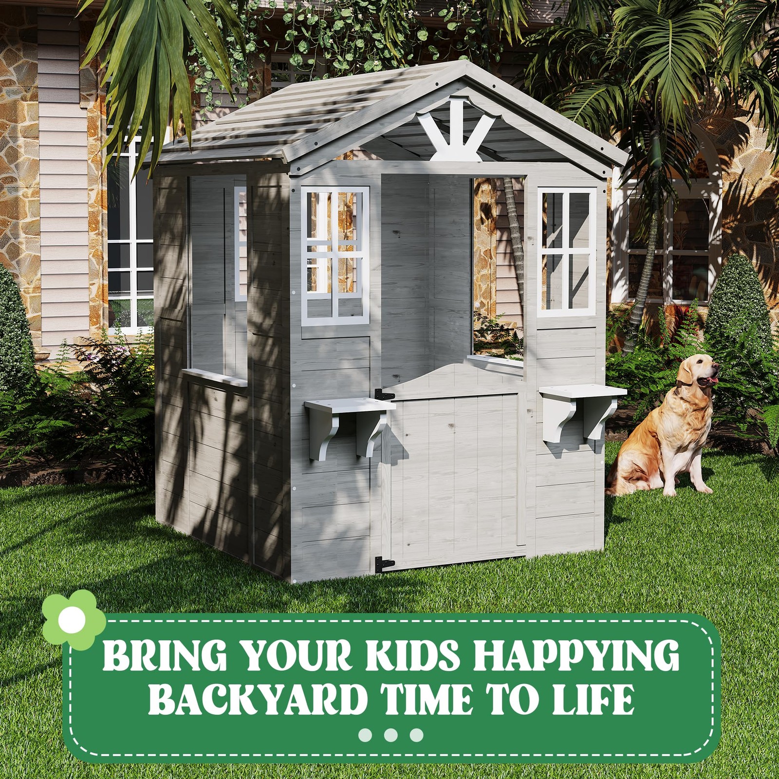 Cedar Wooden Kids Playhouse with Play Kitchen, Outdoor Toddler Cottage Backyard