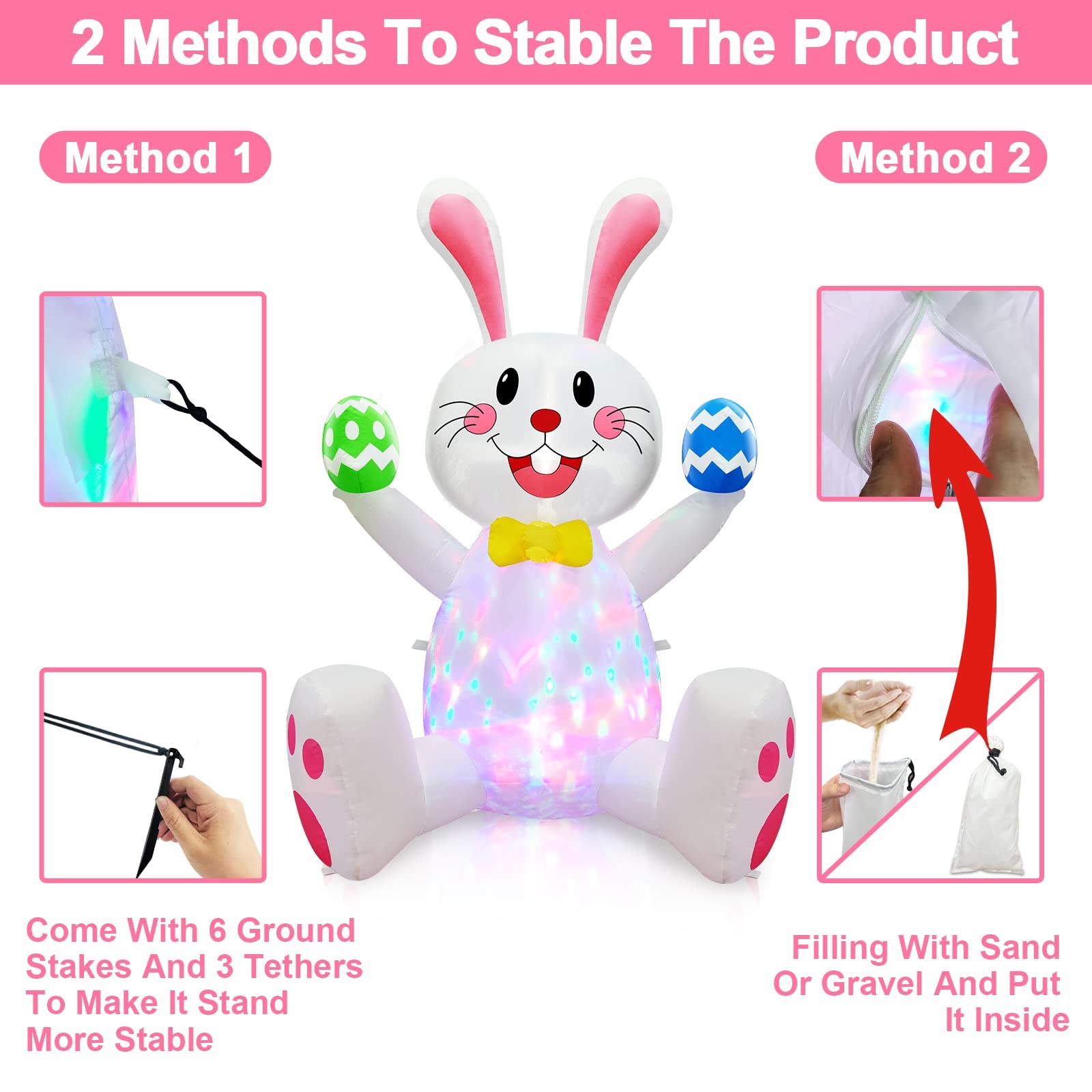 4FT Easter Inflatable Bunny with Rotating Colorful LED Lights - Waterproof Outdo