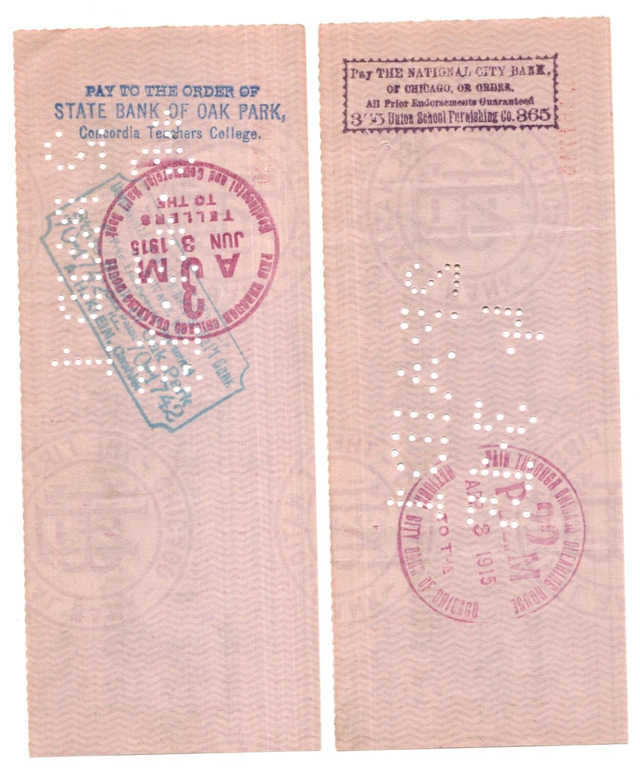 2 - 1915 CHICAGO IL FIRST NATIONAL BANK OF CHICAGO BANK CHECKS - 108 YEARS OLD