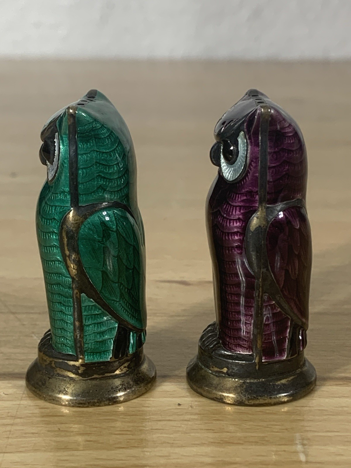 Rare David Andersen Norway 925 Sterling Guilloche Enamel Owl Salt Pepper Shakers
