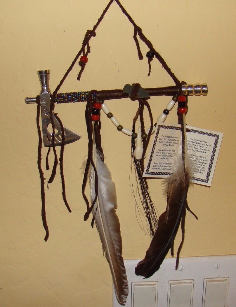 1-ONE Navajo Peace pipe 8" Long w/2 six" feathers, different color beads Works!!