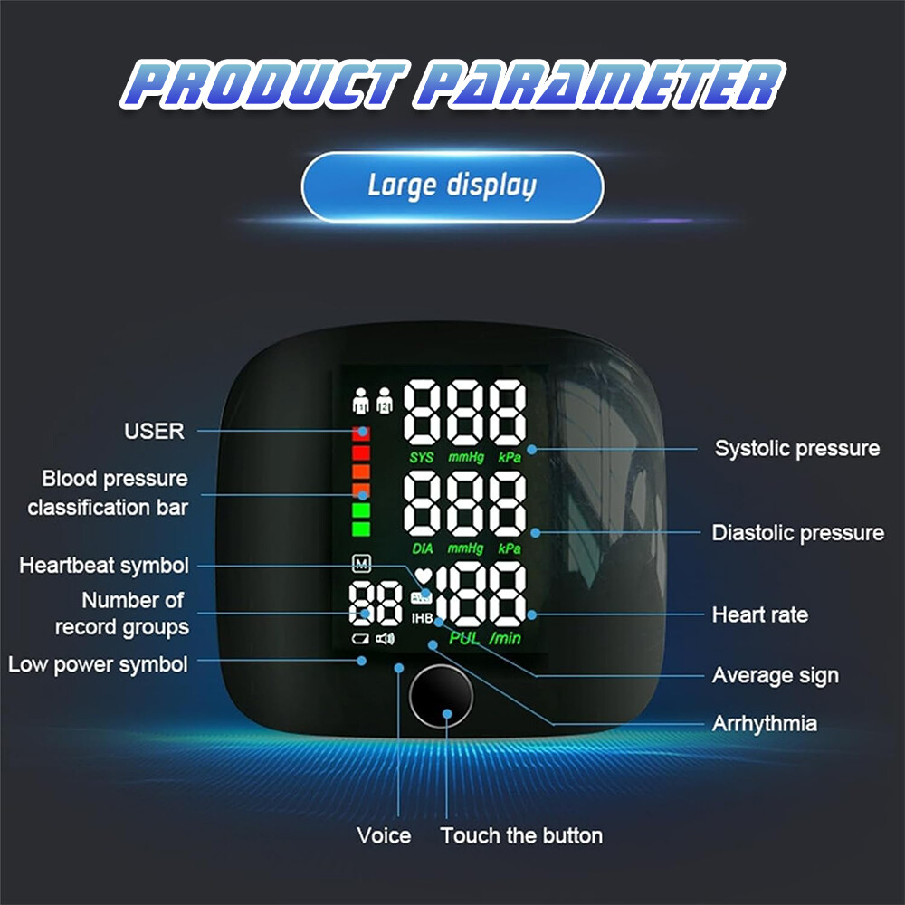 LED Blood Pressure Monitor Wrist Rechargeable Voice Broadcast Heart Rate Machine