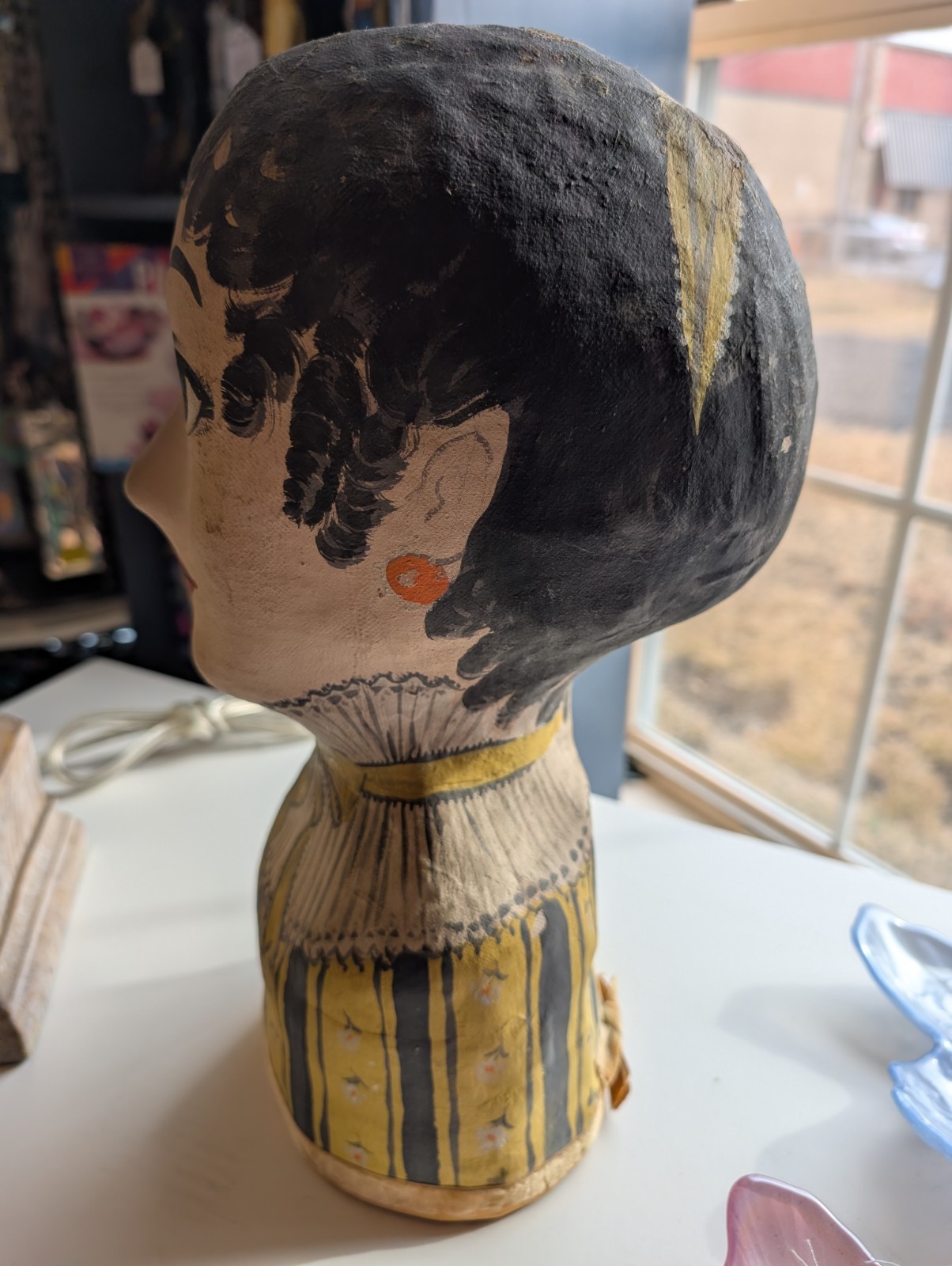 Vintage Millinery Head Hand Painted Plaster Paper Mache Fabric ANIQUE 13"