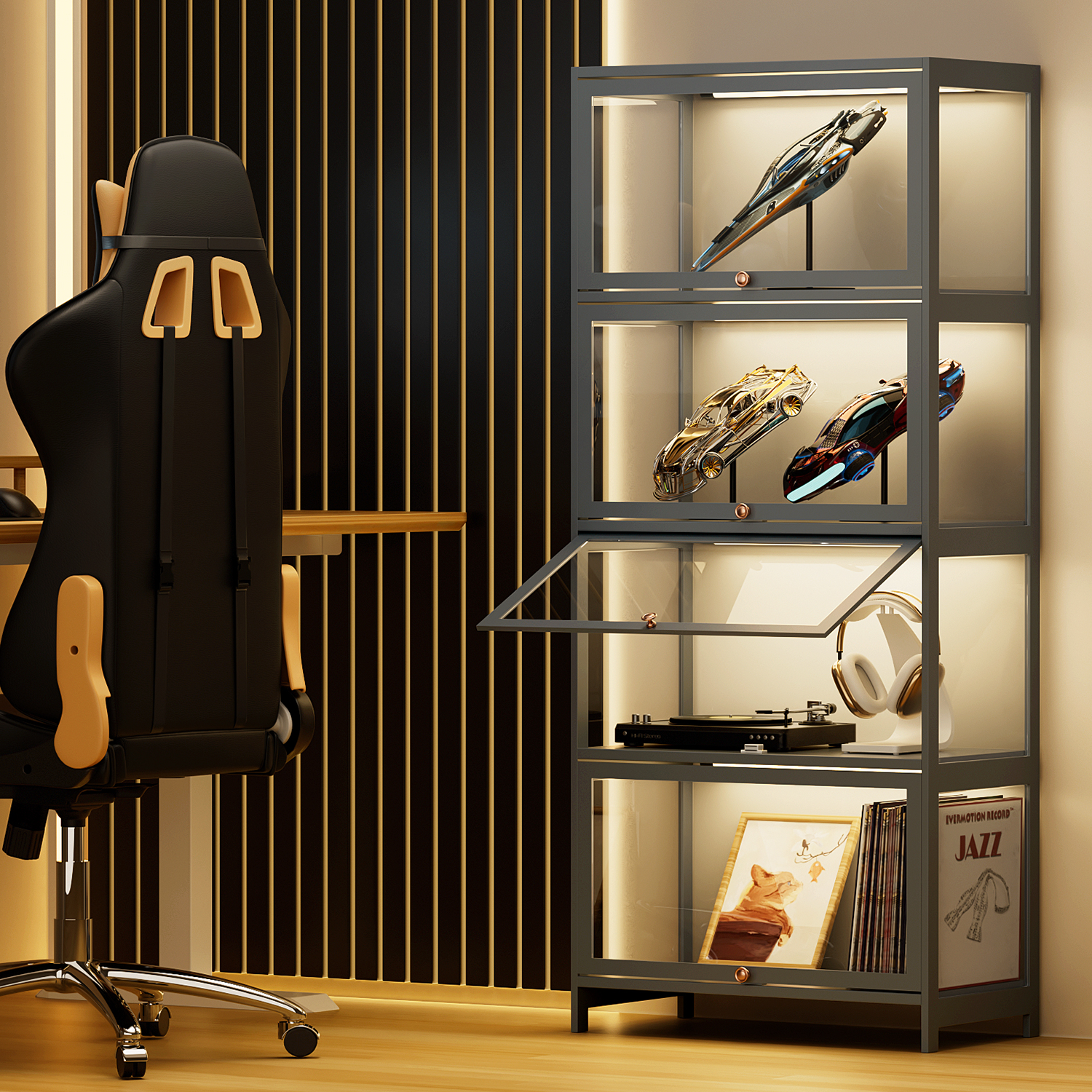 4 Tier 23"Display Cabinet Filp Up Acrylic Door Wine Showcase Craft Storage Shelf