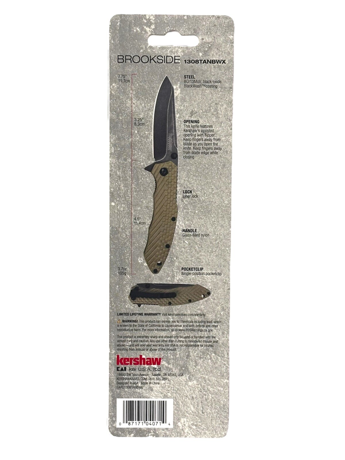 Kershaw Speedsafe Knife Model 1308TANBW Brookside Assisted Opening Liner Lock