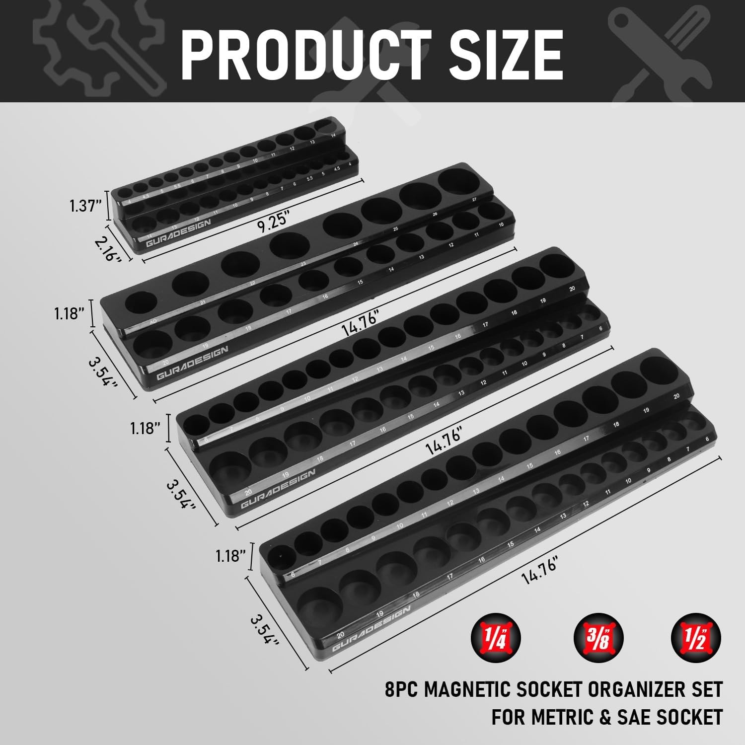 8PCS Magnetic Socket Organizer Set, Magnetic Socket Holder, 1/4", 3/8", 1/2" ...