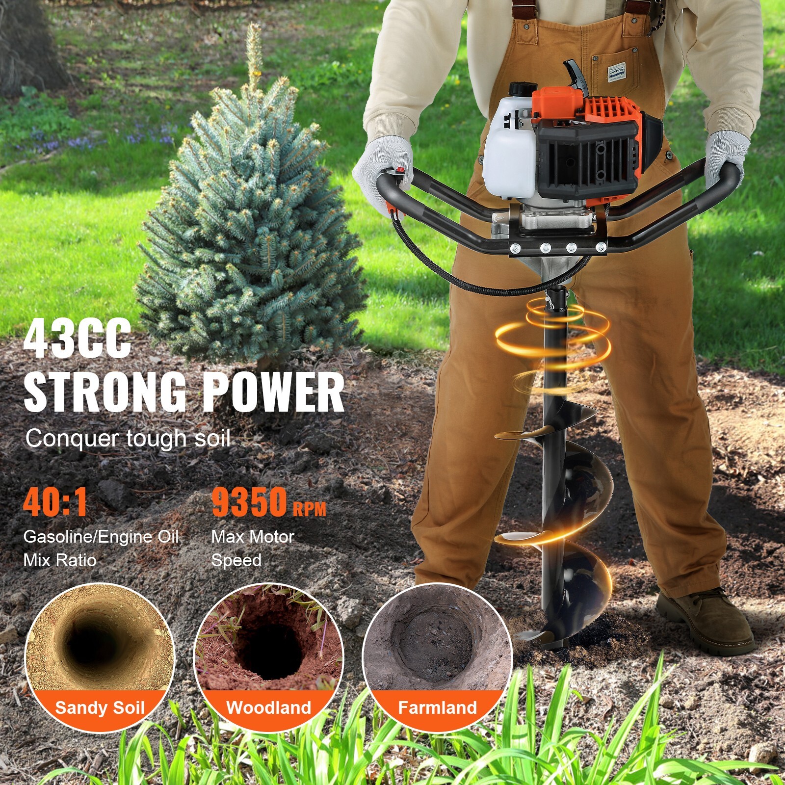 Post Hole Digger 43cc Gas Powered Earth Digger with 8" Auger Drill Bit