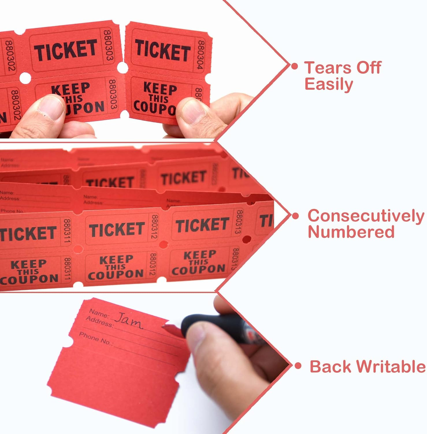 2000 Pcs 1000 Pairs Raffle Tickets, 50/50 Double Raffle Tickets, 250 Double Tick