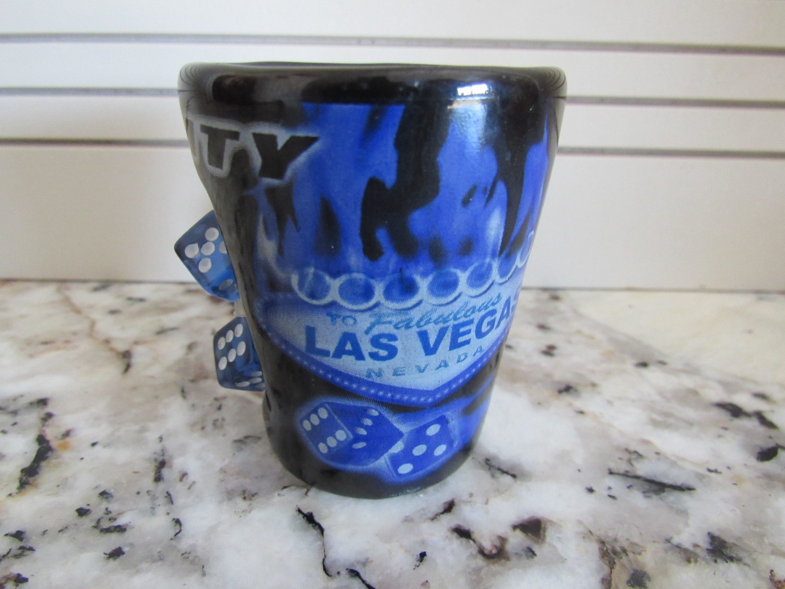 Sin City Las Vegas Nevada Black & Blue Ceramic Shot Glass w/ Spinning Dice