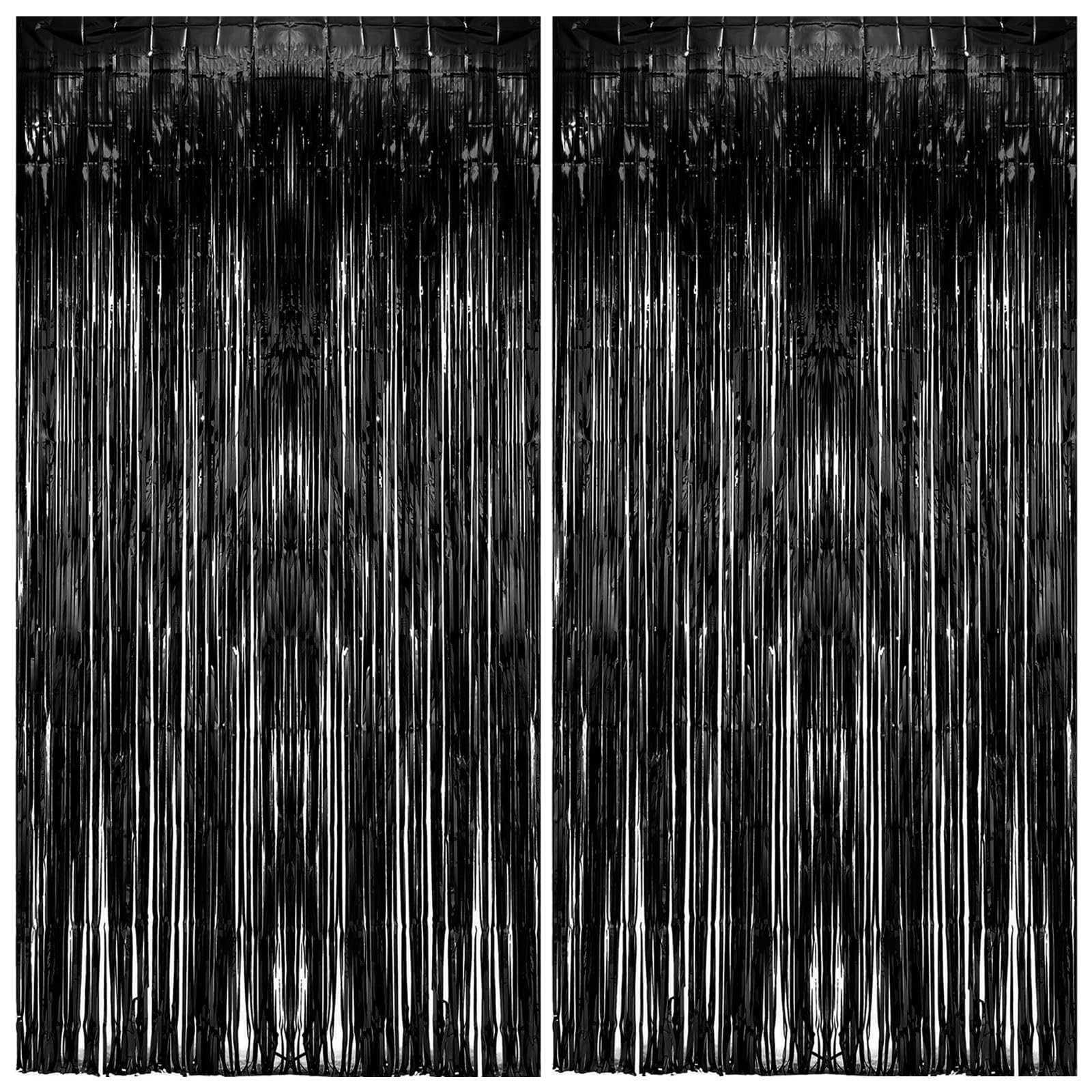 2 Pack Foil Curtain Backdrop Black Metallic Tinsel Foil Fringe Curtains Photo...