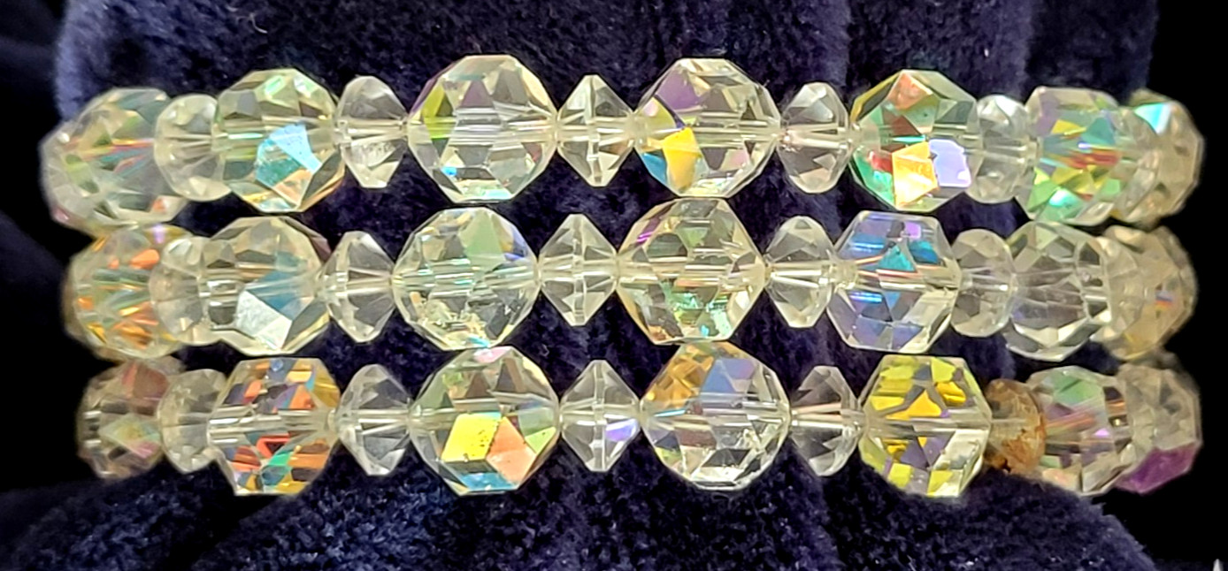 Vtg Aurora Borealis Bracelet Art Deco Rhinestone Clasp 3 Strand