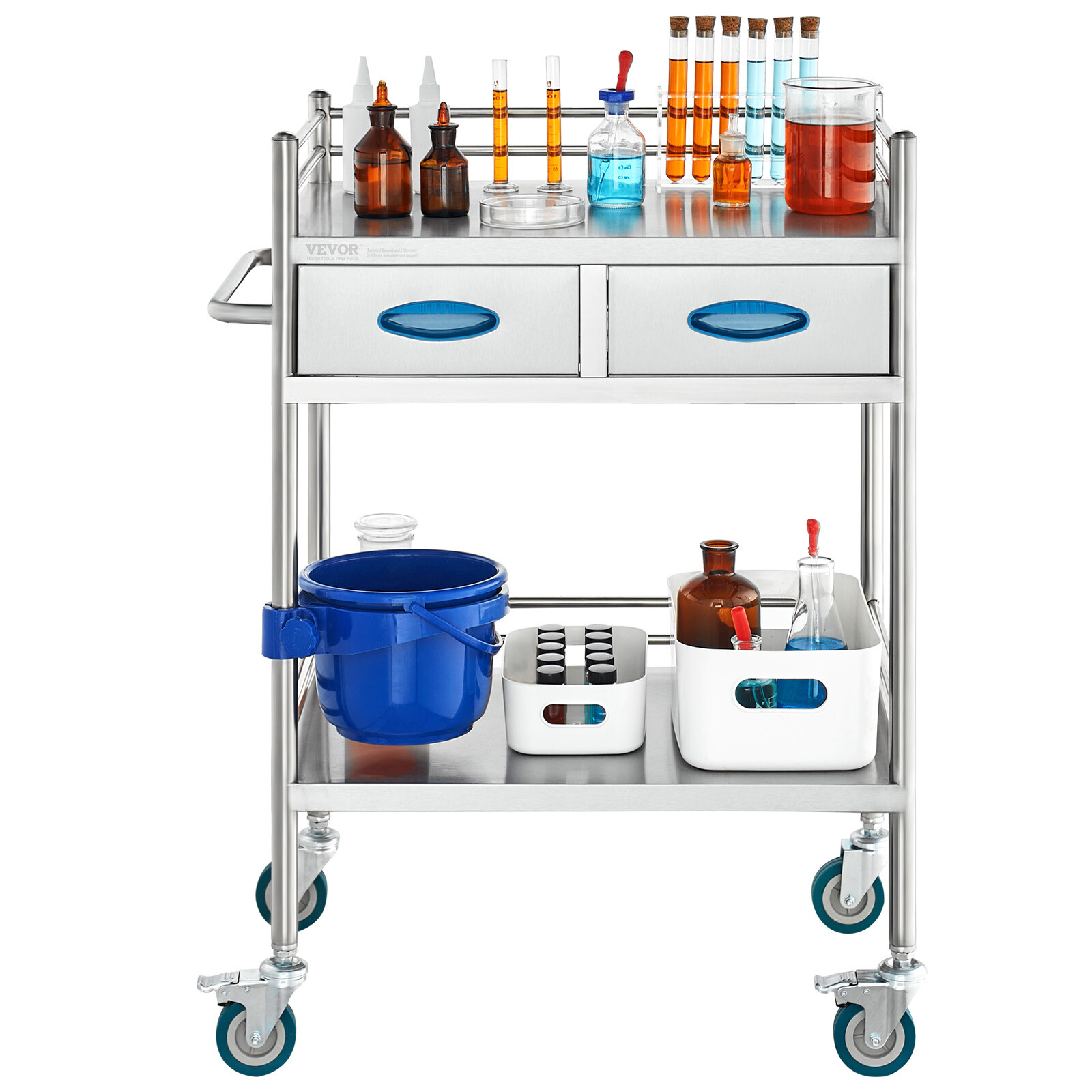 VEVOR Medical Dental Lab Serving Cart Trolley 2-Drawer Portable Stainless Steel