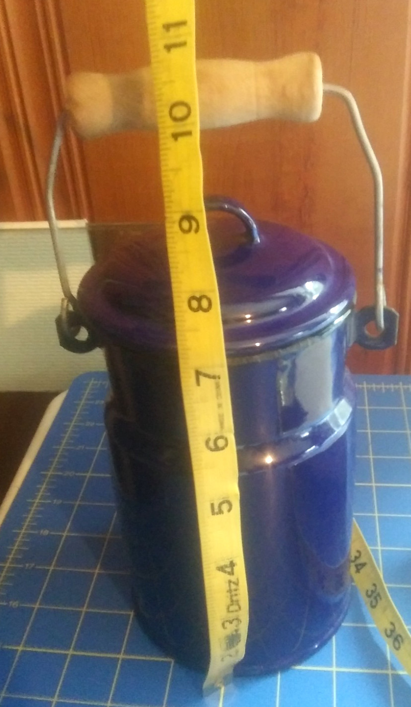 Vintage Blue Enamel White Inside Milk Pail w/Lid Wooden Handle Made in Holland