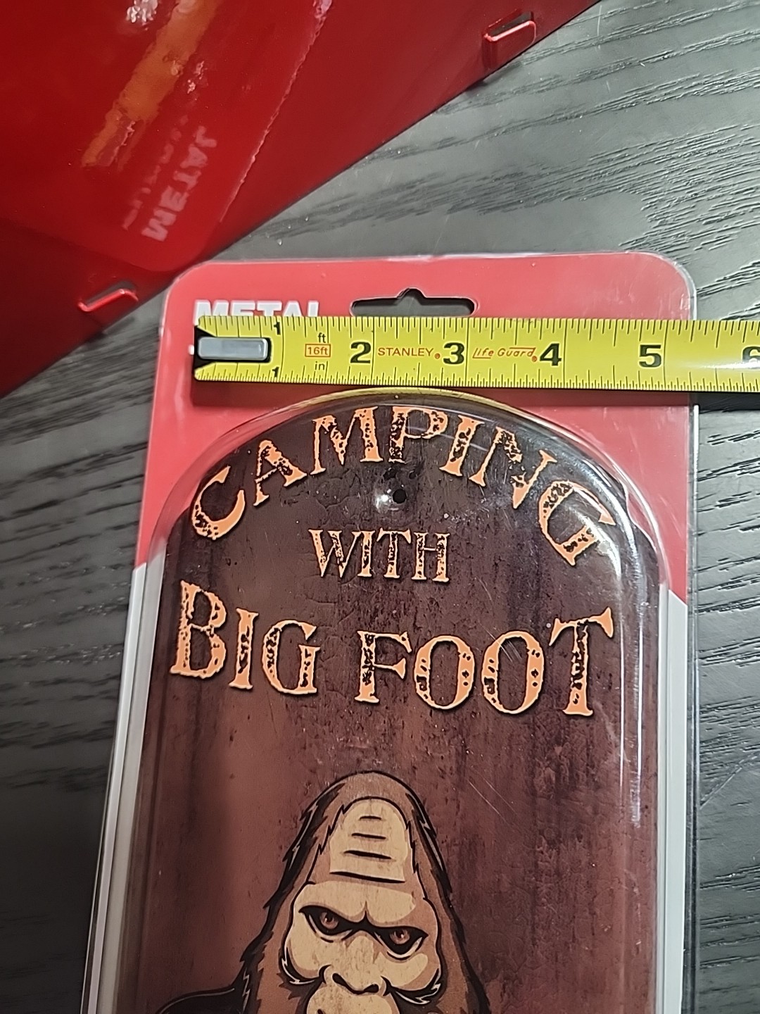 Camping with Bigfoot Vintage Thermometer Sign - Embossed Metal Indoor/Outdoor
