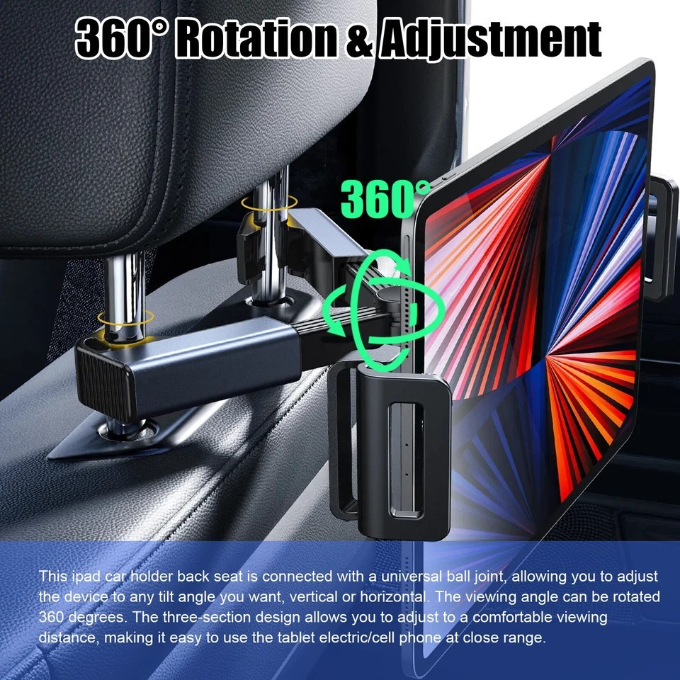 360° For iPad Phone Samsung 4.7-12.9" Car Back Seat Headrest Mount Tablet Holder