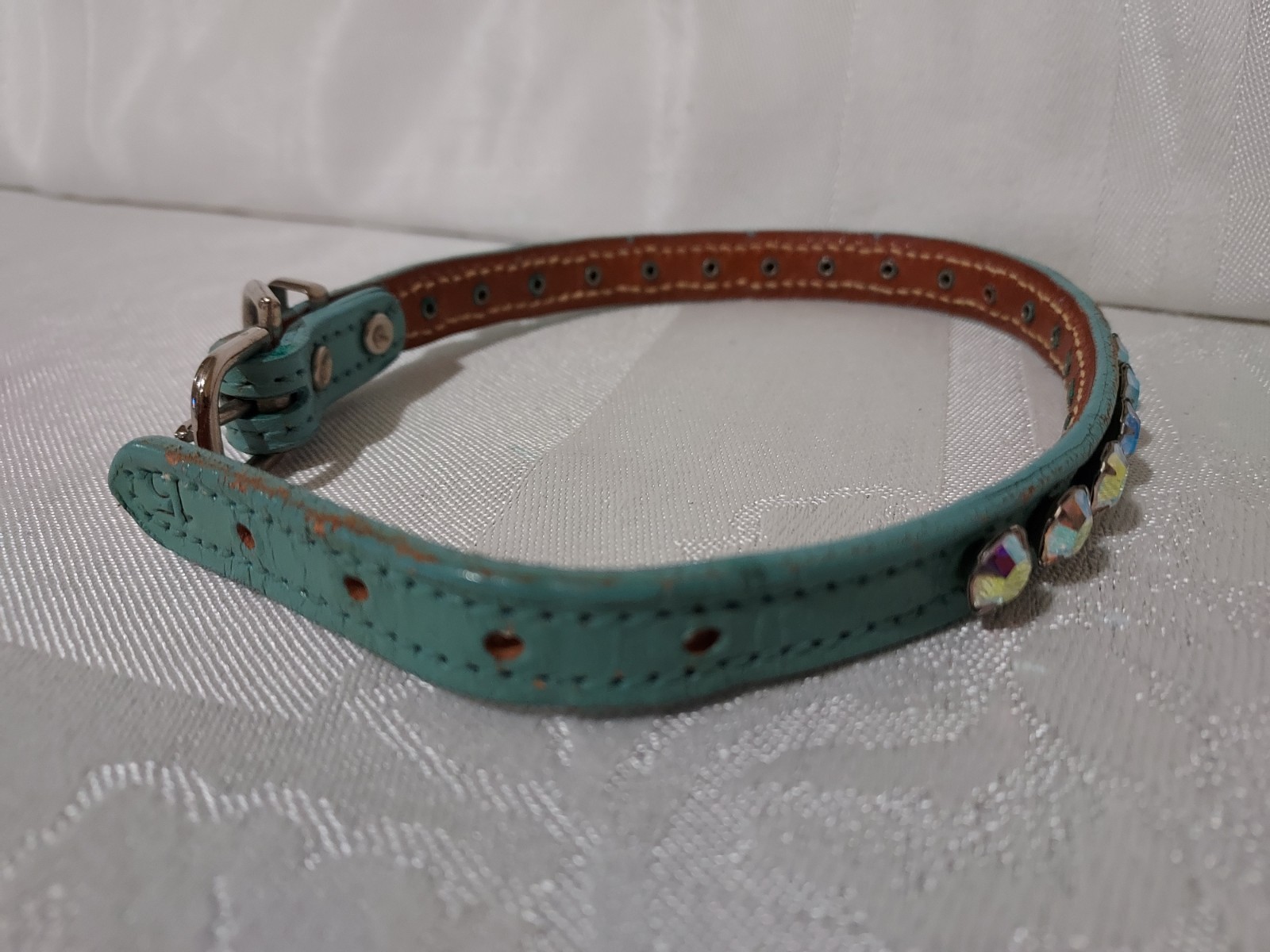 Rare Vtg Rhinestone Jeweled Turquoise Leather Pet Collar & Leash Set 11.5"-13.5"