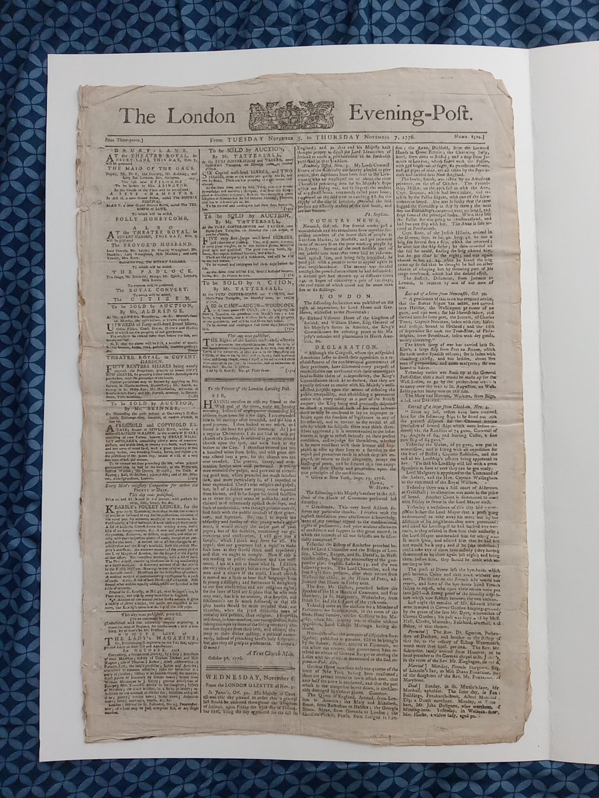 Original 1776 British Newspaper - American Revolutionary War - Colonies