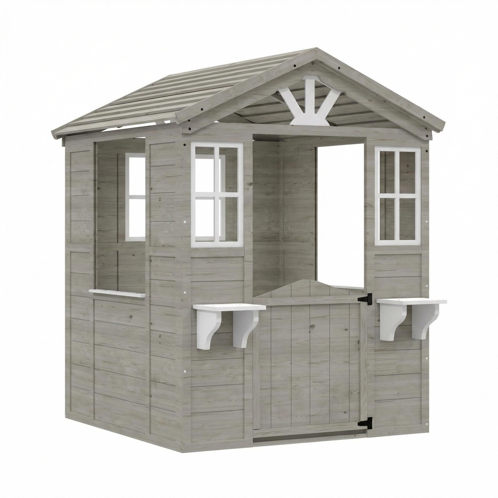 Cedar Wooden Kids Playhouse with Play Kitchen, Outdoor Toddler Cottage Backyard