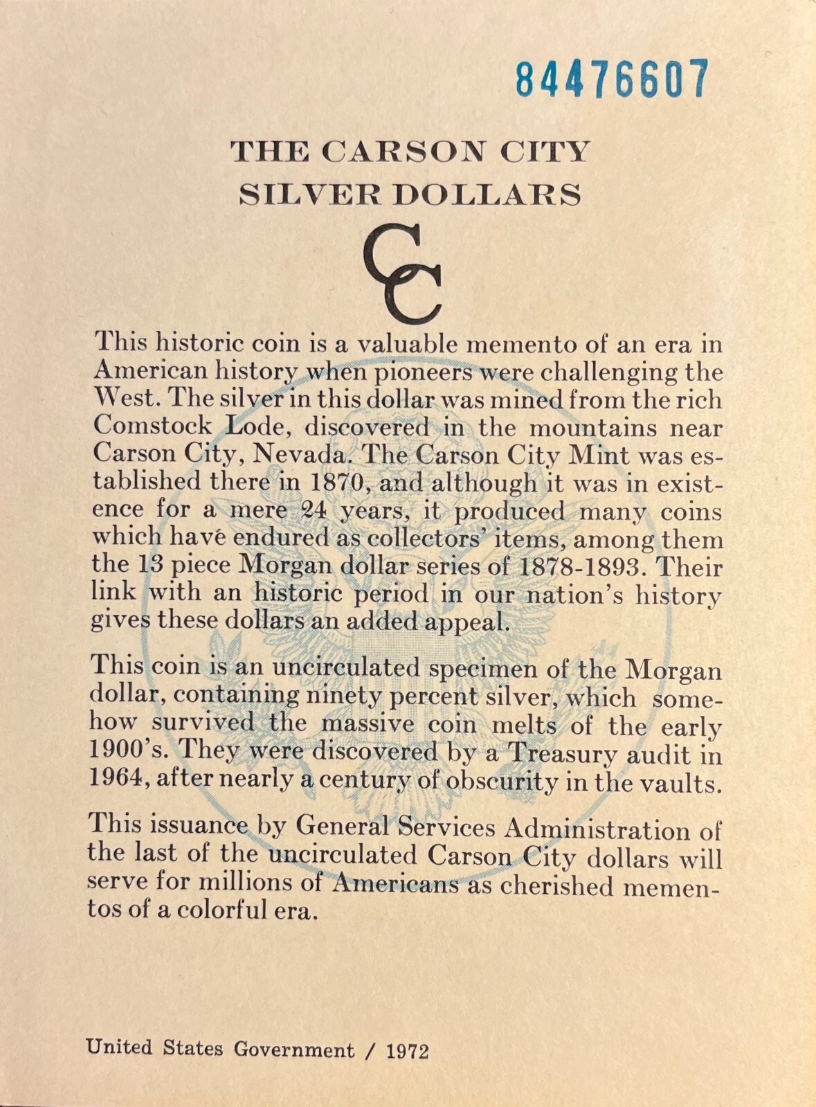 1884 Carson City Silver Dollars GSA COA Certificate