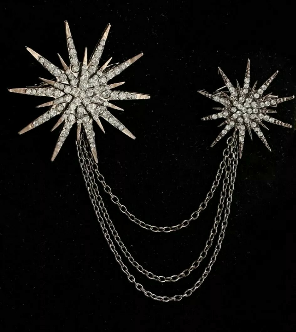 Vintage Style Art Deco Celestial Astrology Crystal Star Brooch Pin & Chain Set