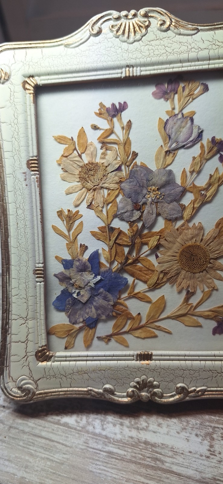 VTG Framed Pressed Dried Flowers Wall Art Decor Victorian Crackle Frame 4.5X5.75