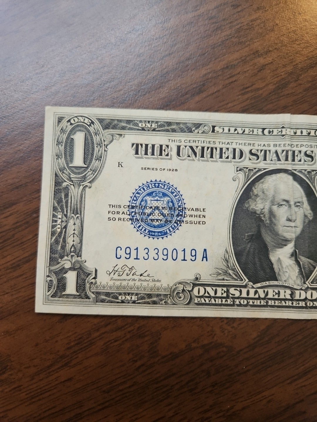 1928 $1 One Dollar Silver Certificate Funny Back Note Blue Seal C91339019A Holes