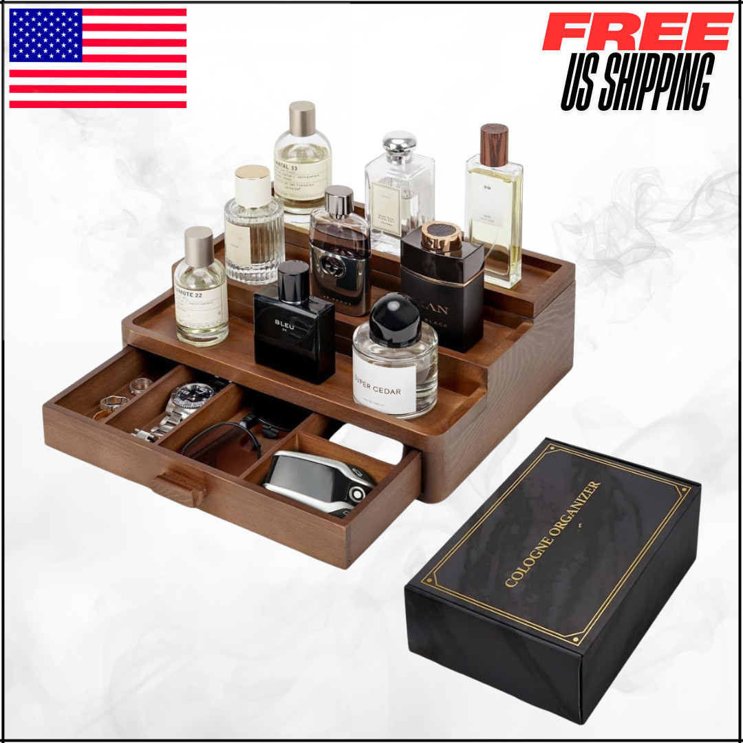 Cologne Organizer 3 Tier Wooden Stand W/ Drawer Storage Hidden Compartment Brown