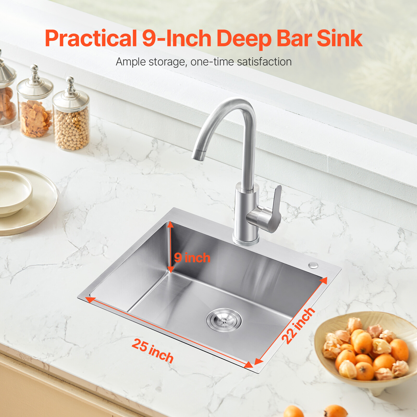 25" Drop In Kitchen Sink Single Bowl Stainless Steel Top Mount Kitchen Bar