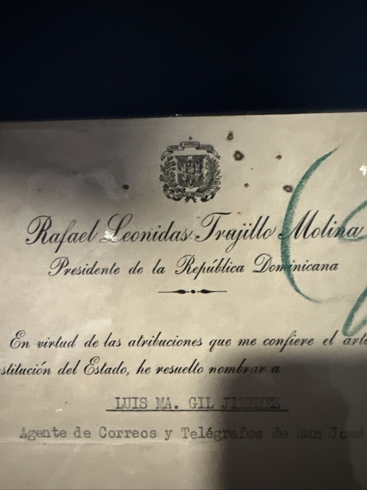 1942 Signed Document Rafael L. Trujillo, President Dictator Dominican Republic
