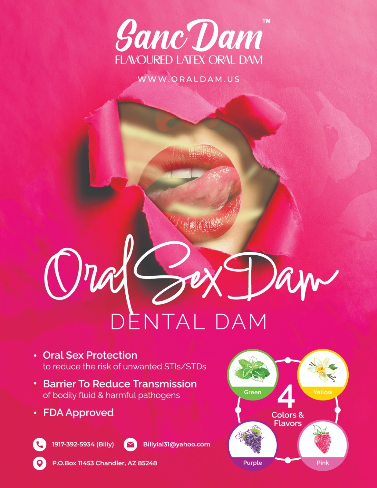 4 Flavored SancDam Ultra-Thin Oral Sex Dam W/Elastic Strap Belt (Dental Dams)