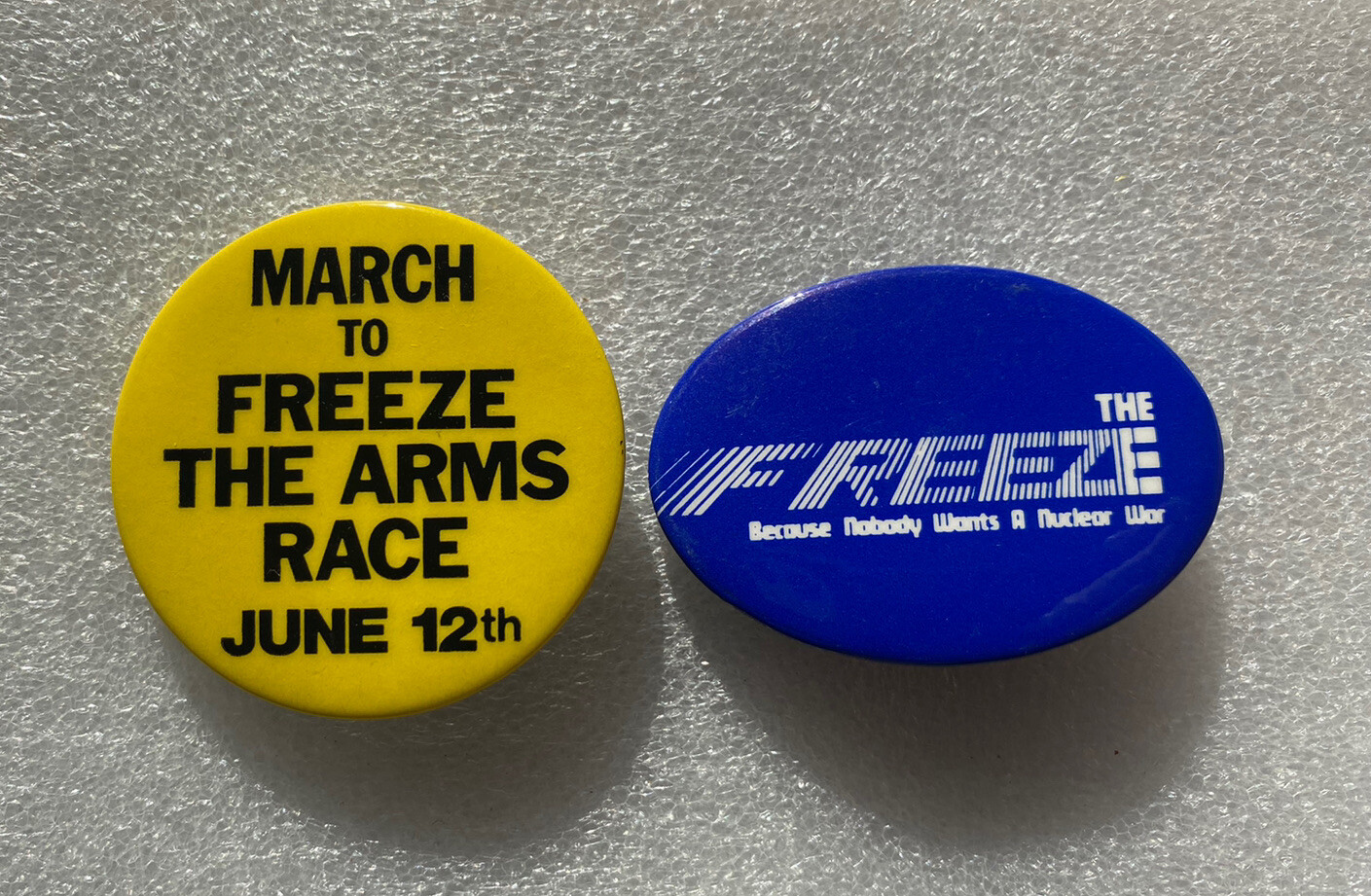 1980's Buttons March to Freeze The Arms Race June anti-nuclear war pin pinback