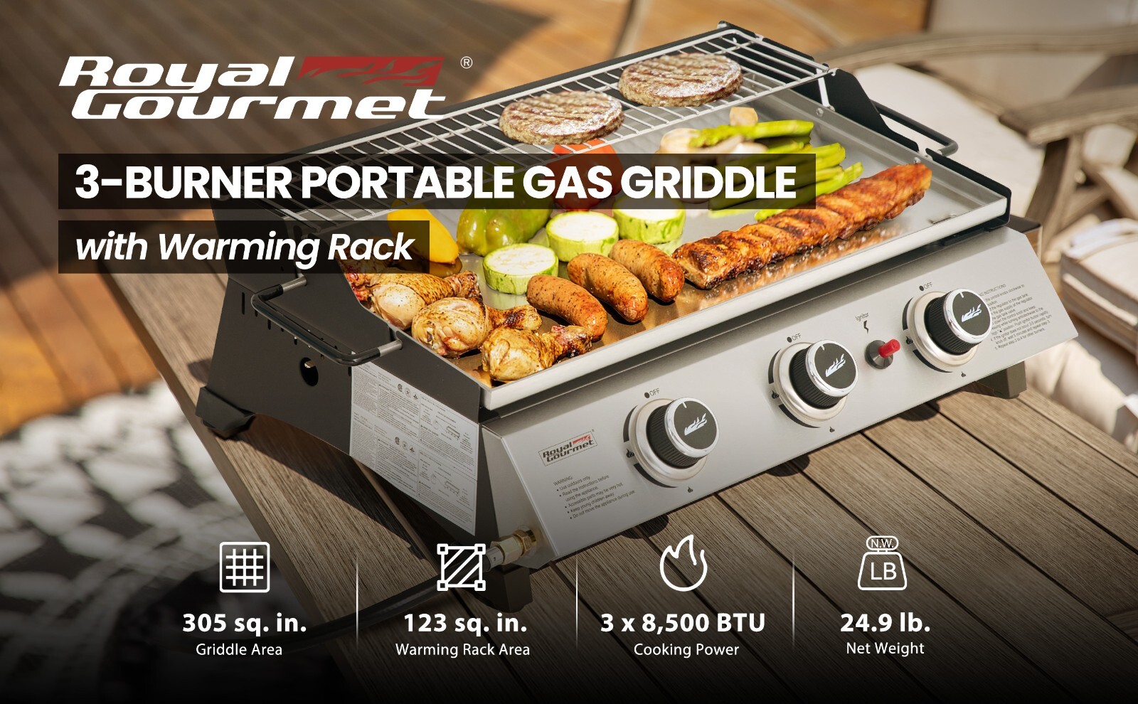 Royal Gourmet 24-Inch Tabletop Propane Griddle w/ Warming Rack & Two Handles