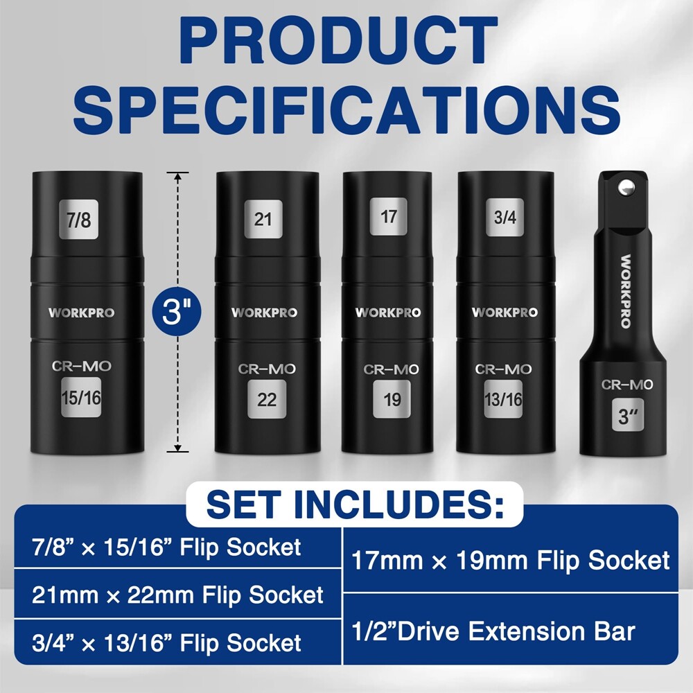 WORKPRO 5PC 1/2" Dr Impact Socket Set Lug Nut Wheel 3" Extension Bar Flip Socket