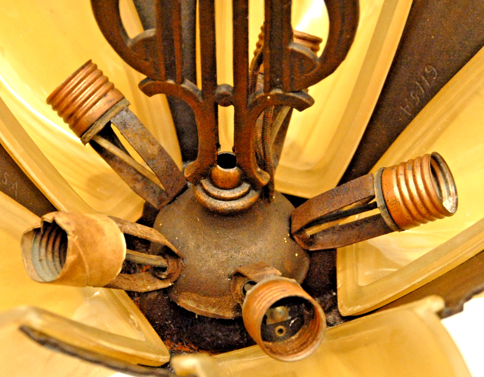 1930's ART DECO FIVE LIGHT SLIP SHADE CHANDELIER HANGING LIGHT GREAT PRICE!