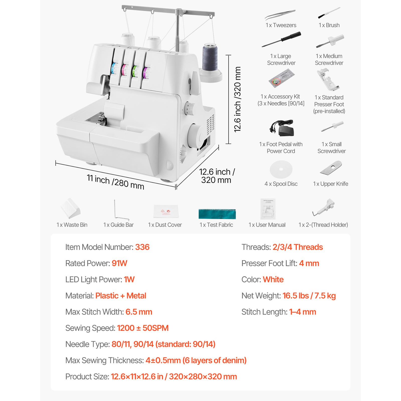 Uimoso Serger Overlock Sewing Machine with 2-3-4 Thread Options, 1250 SPM