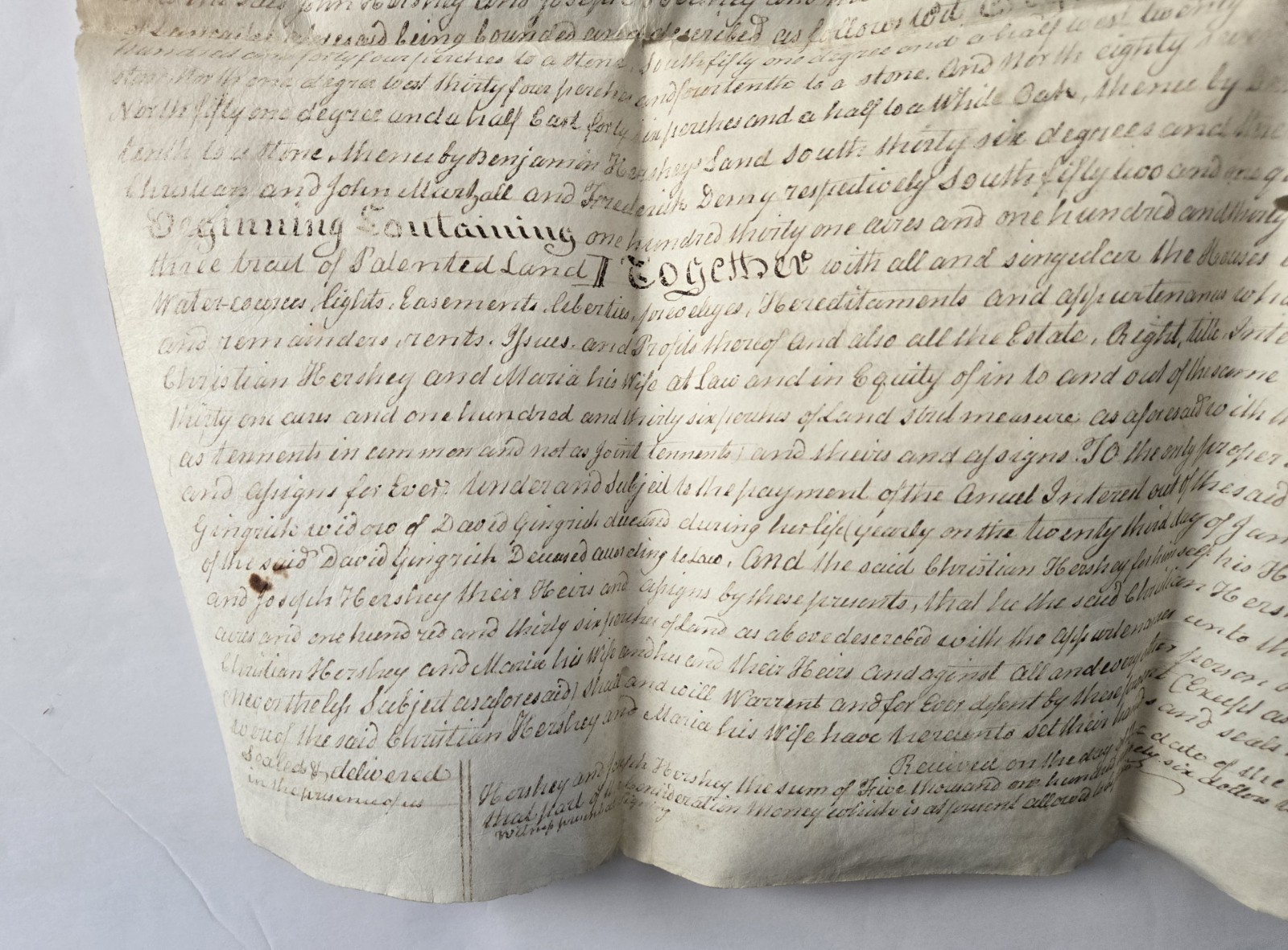 1825 Lancaster Cty PA Deed Christian Hershey/ John Hershey GENEALOGY 131 Acres