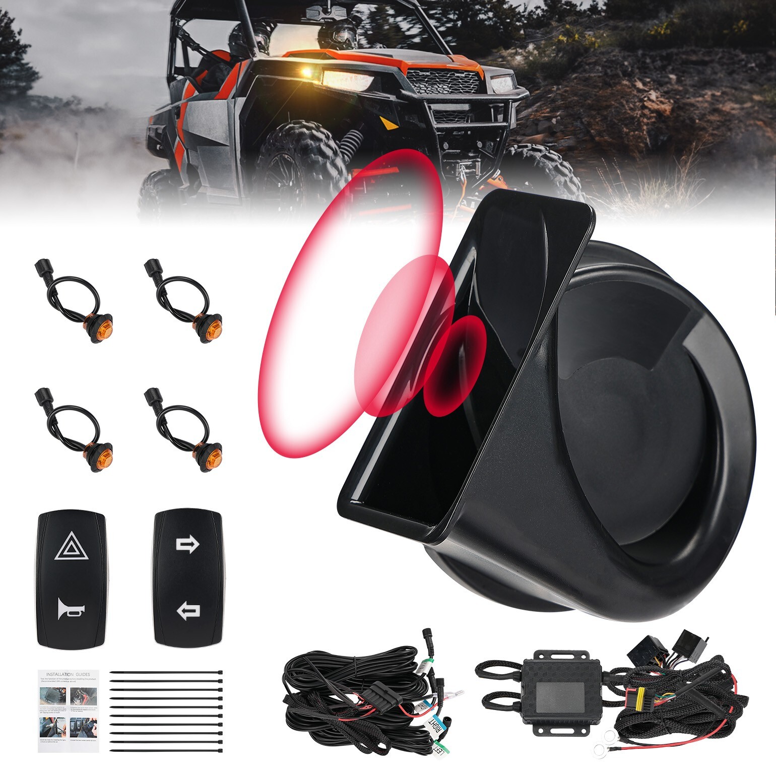 Universal Horn Set with LED Turn Signal Lights&Switch for Kawasaki Pioneer RZR