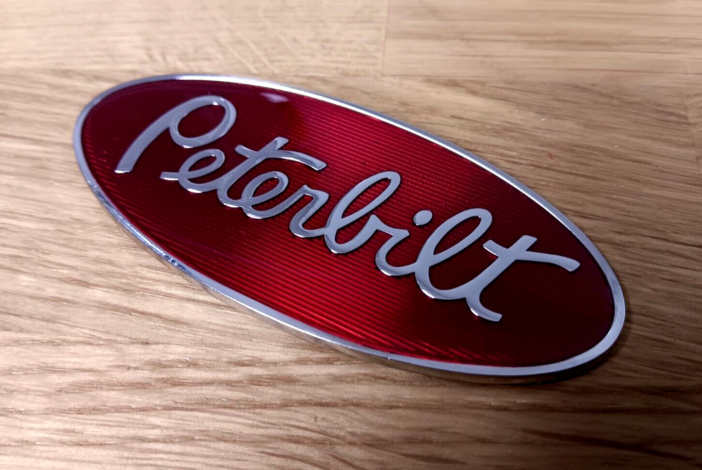 Peterbilt truck emblem chrome epoxy top metal 3.5 inches wide RED