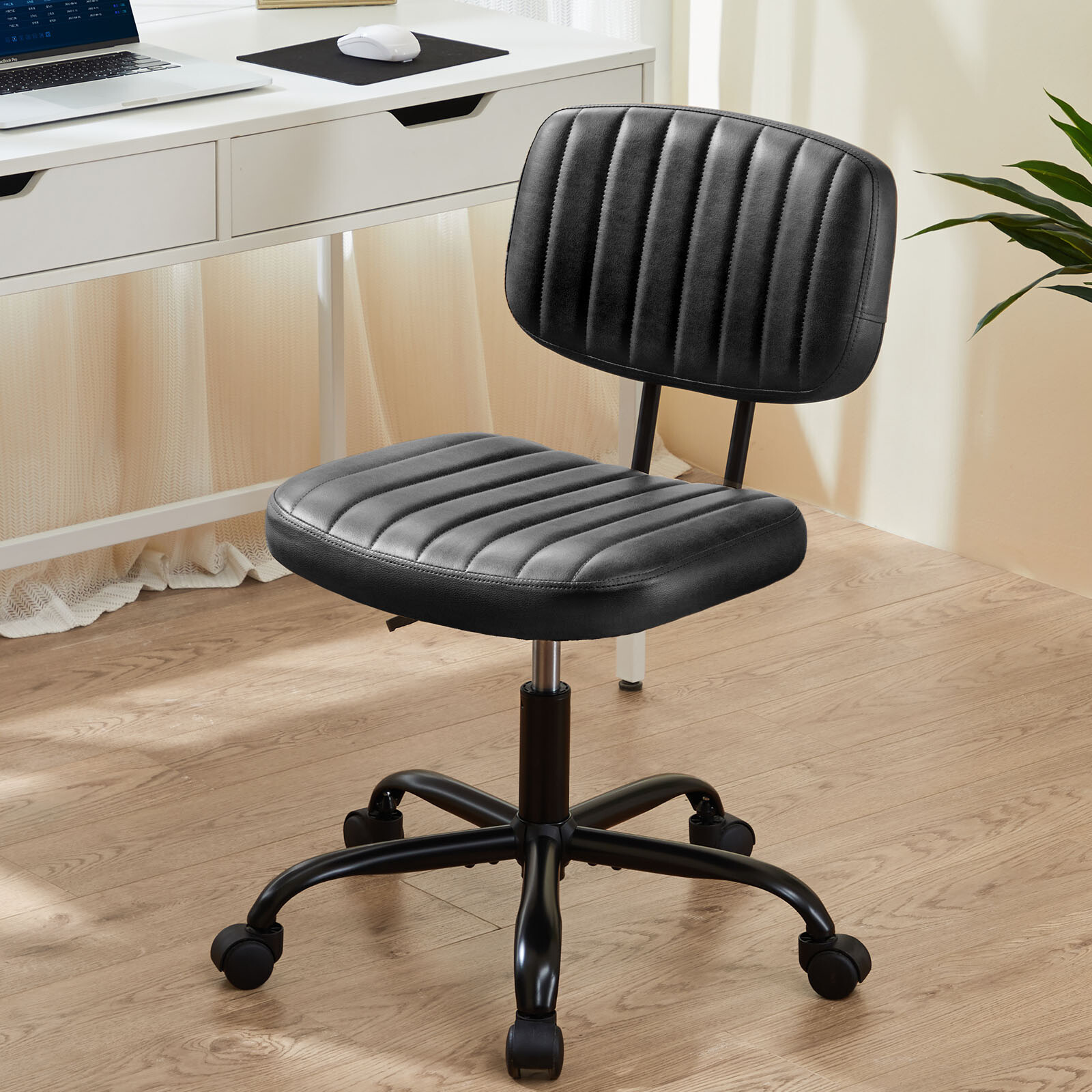 Armless Office Desk Chair with PU Leather Swivel Chair Small Chair with Wheels