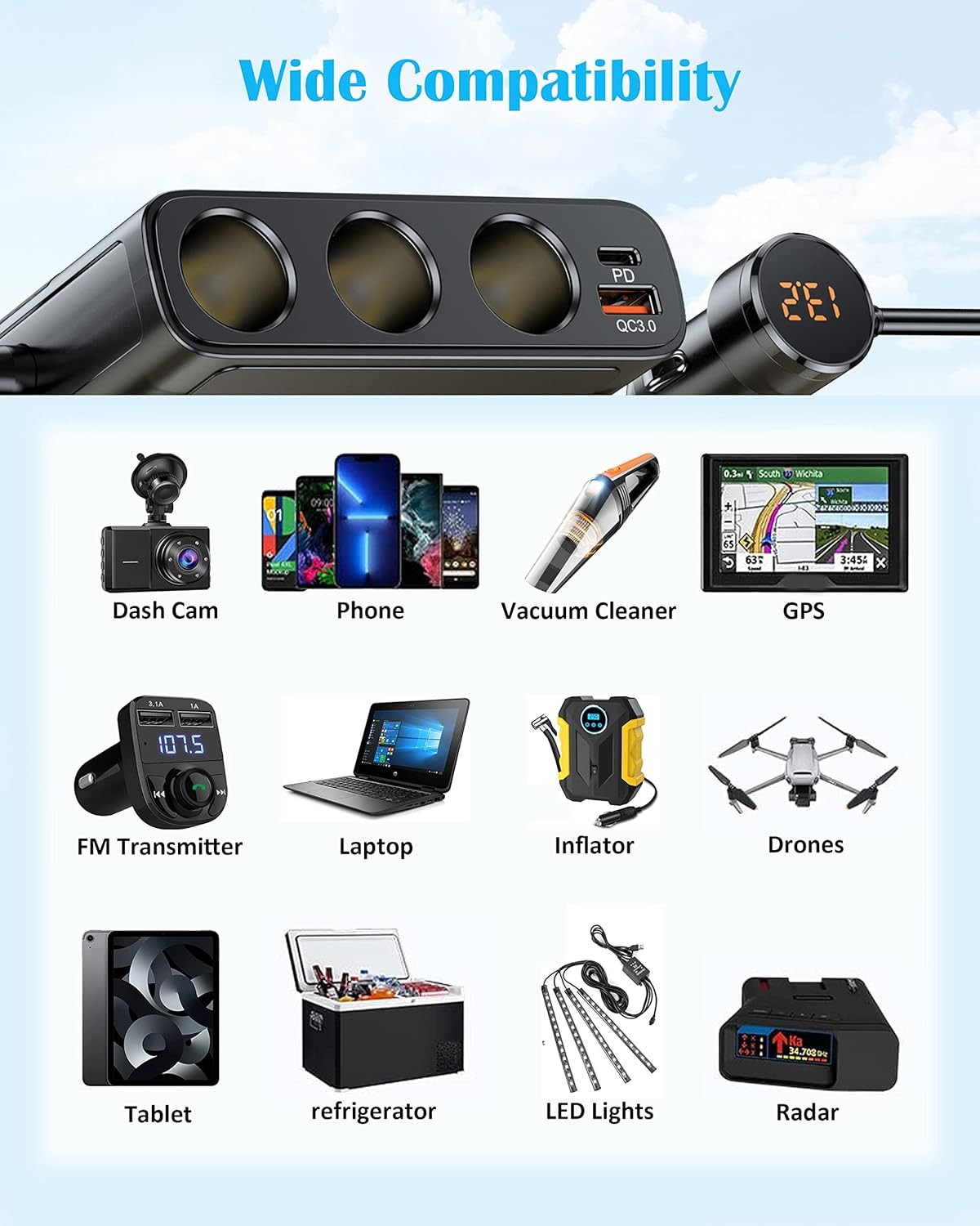 3 Way 12V/24V USB Car Cigarette Lighter Socket Splitter Power Adapter Charger