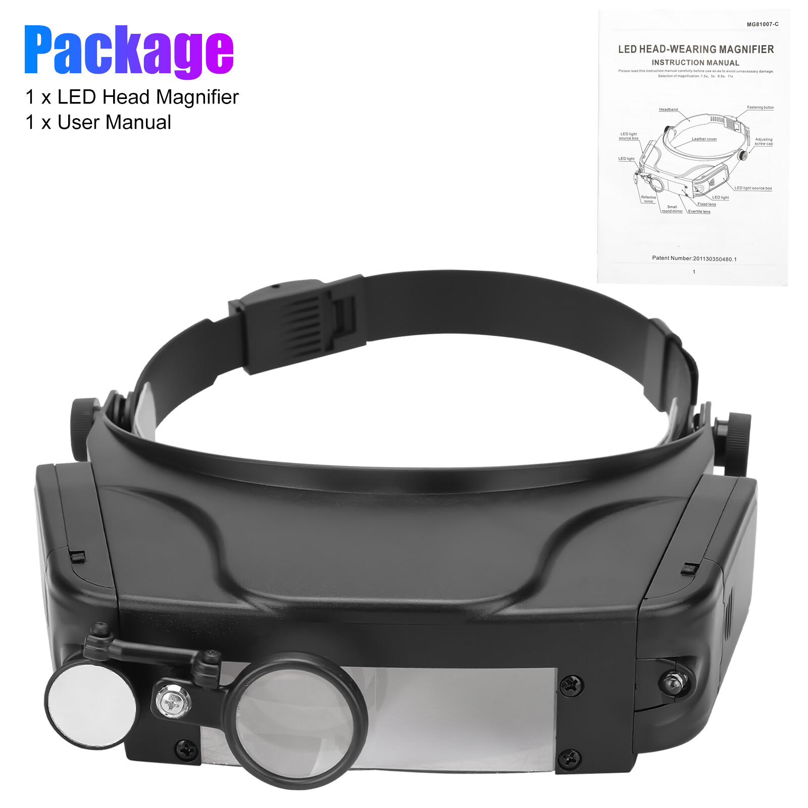 Jewelers Head Headband Magnifier 2 LED Illuminated Visor Magnifying Glasses Lens