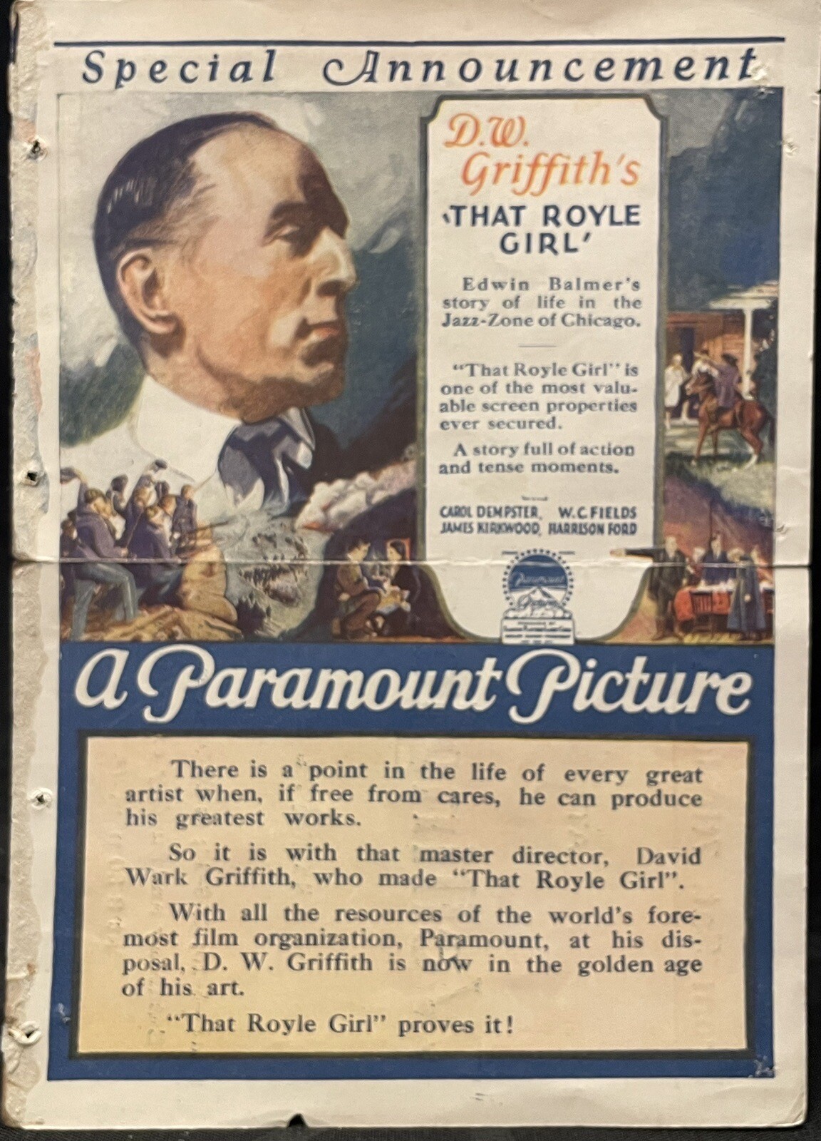 D.W. Griffith’s “That Royal Girl” Original Herald - W.C. Fields & Carol Dempster