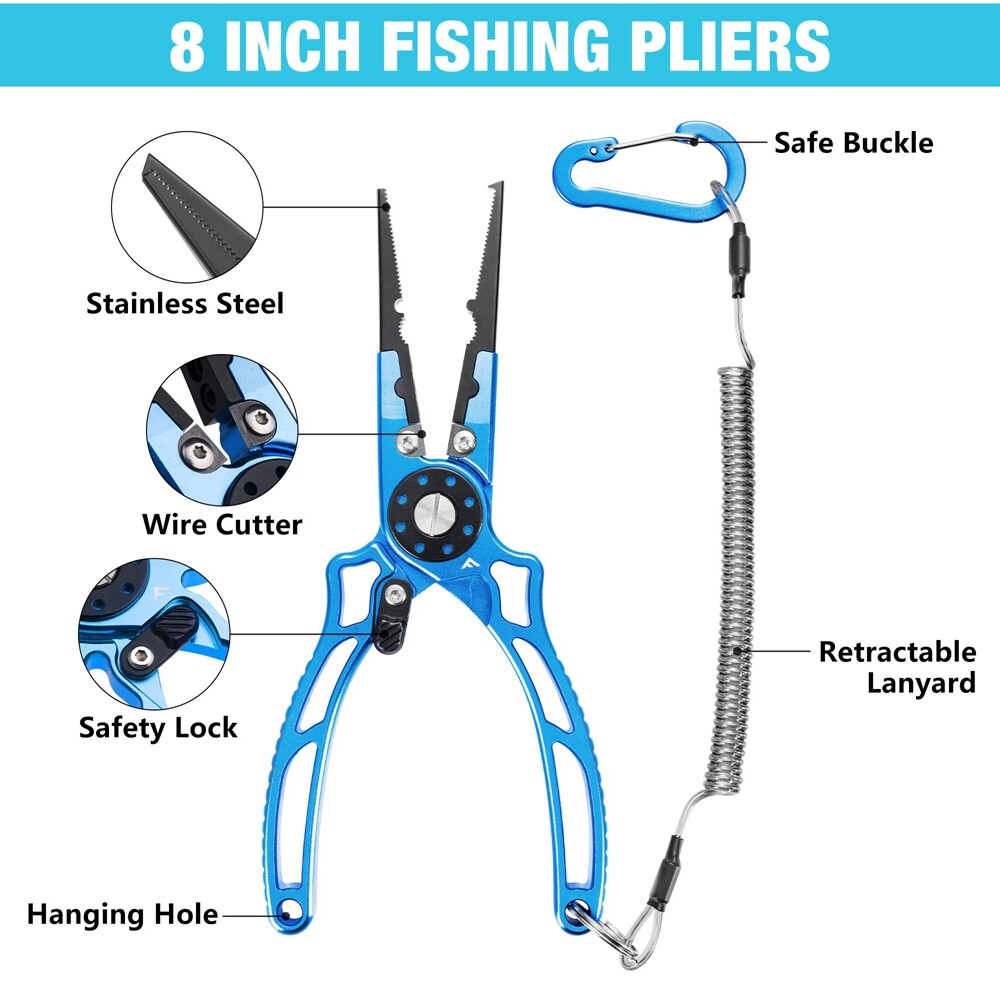 FLISSA 8" Aluminum Fishing Pliers Saltwater Corrosion Resistant Split Ring Plier