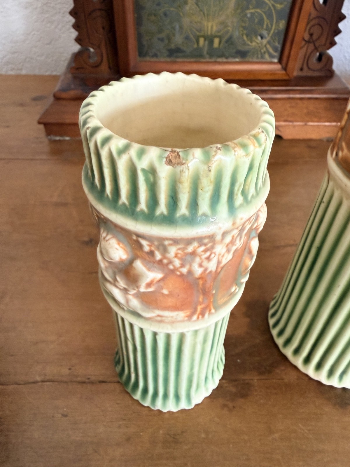 Pair Antique Roseville Donatello Cherub Bud Vases Green Art Pottery 1916